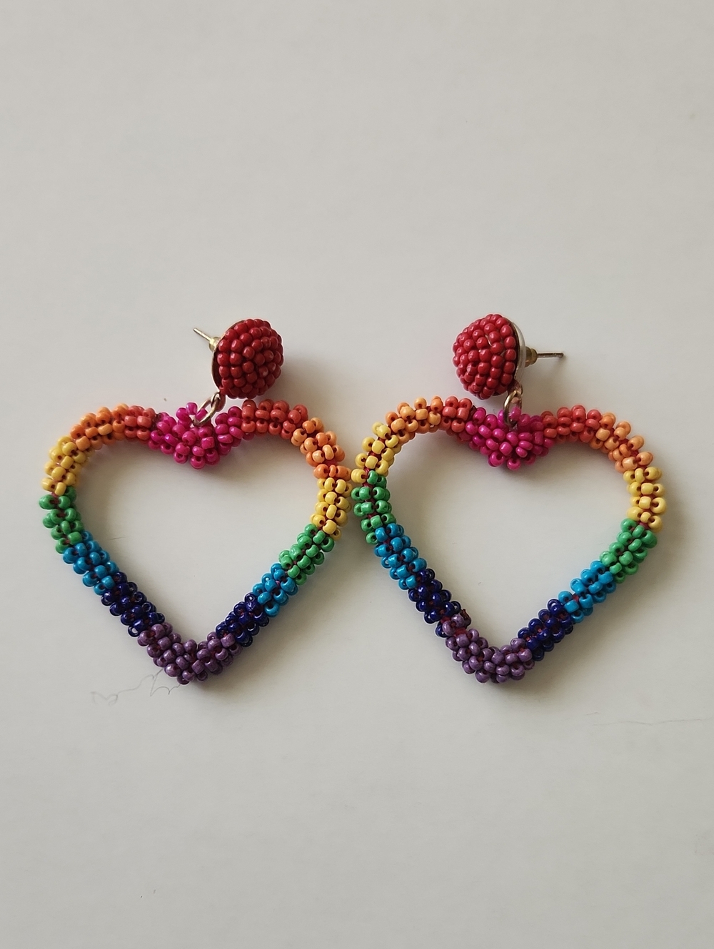 Handcrafted Rainbow Beaded Heart Drop Earrings Stud Back